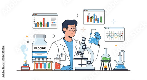 Flat 2D illustration of a scientist working with a microscope and various laboratory equipment surrounded by global news headlines and data charts.