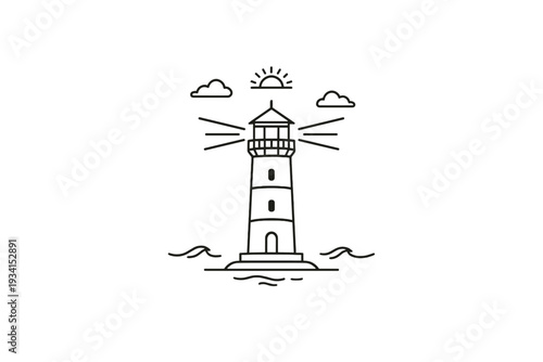A minimalist line art illustration of a lighthouse standing on a small island amidst waves, with light beams shining, clouds, and a sun in the background on a black backdrop.