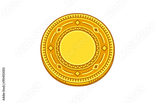 A golden circular coin or medallion featuring intricate geometric patterns and a blank center, isolated on a solid black background. The design includes diamonds and triangular motifs.