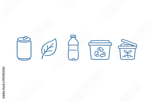 Five blue line icons on a black background depicting environmental themes like recycling and waste management, featuring a can, leaf, bottle, recycle bin, and compost container.