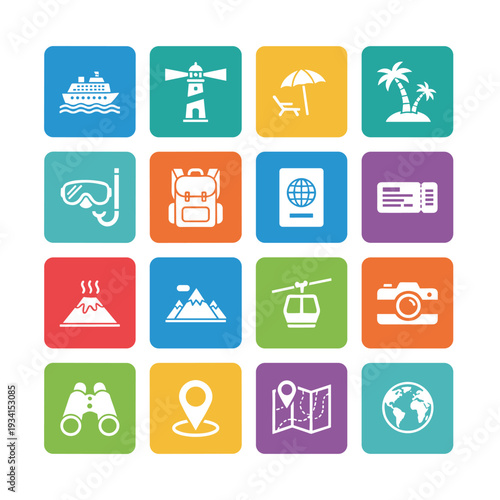Collection of travel and vacation icons in a grid layout on a white background