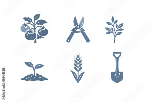 A collection of six blue gardening and agriculture icons featuring a tomato plant, pruning shears, a leafy branch, a seedling in soil, a wheat stalk, and a shovel on a black background.