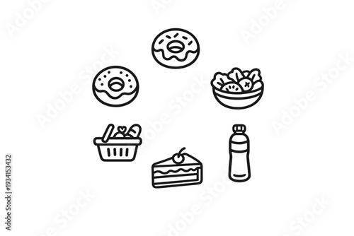 A collection of six minimalist white line art icons representing various food items like donuts, cake, salad, and a picnic basket, all arranged in a circle on a black background.