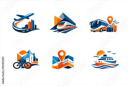 A collection of six modern travel and transportation icons featuring an airplane, train, bus, bicycle, map, and cruise ship in a blue and orange geometric vector style.