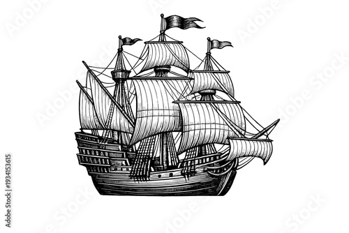 This detailed black and white engraving depicts a classic sailing ship with multiple masts and billowing sails, presented in a vintage woodcut style on a black background.