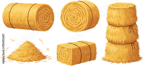 Hay Bale and Straw Stack Collection with Round and Square Bundles Rustic Farm Harvest Elements Isolated Flat Vector Illustration Set