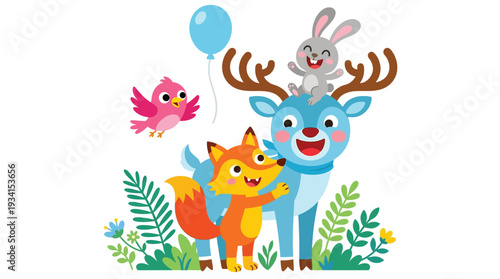Happy cartoon forest animals deer fox rabbit and bird celebrating with a blue balloon