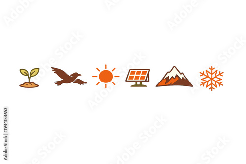 A row of six nature and energy-themed icons including a sprout, a flying bird, a sun, a solar panel, a mountain, and a snowflake, all set against a solid black background.