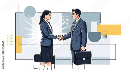 Business Partnership Handshake – Man and Woman with Briefcases, Corporate Deal Agreement Vector Illustration
