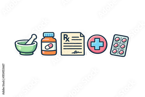 A collection of five medical and pharmacy stickers featuring a mortar and pestle, a pill bottle, a prescription form, a medical cross, and a blister pack on a black background.