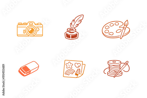 A collection of six orange and white icons representing various creative hobbies including photography, writing, painting, drawing, and sewing, set against a black background.