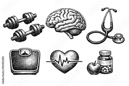 A collection of hand-drawn health and wellness icons including dumbbells, a brain, a stethoscope, a scale, a heart with a pulse line, and a pill bottle with an apple on a black background.