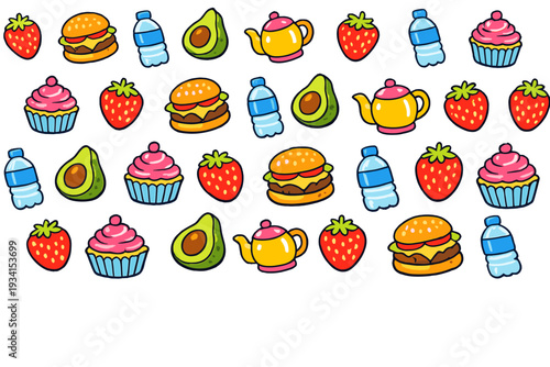A colorful pattern of cartoon food and drink icons including strawberries, hamburgers, water bottles, avocados, teapots, and cupcakes arranged on a solid black background.