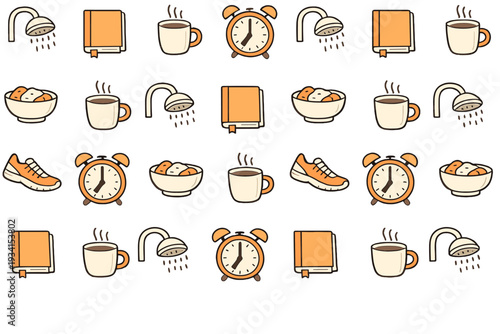 A seamless pattern of morning routine icons including coffee mugs, alarm clocks, books, shower heads, sneakers, and breakfast bowls on a solid black background.