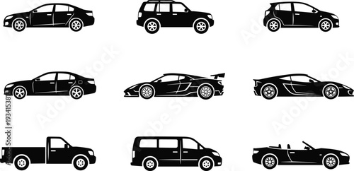 Black Car Silhouette Icon Set Featuring Sedan SUV Hatchback Sports Car Pickup Truck Van And Convertible For Automotive Industry Vector Graphics