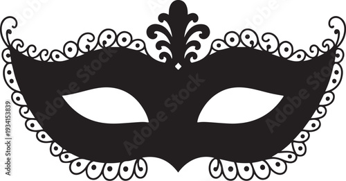 Black venetian masquerade mask with white eye holes and ornate scroll