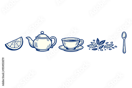 A collection of hand-drawn tea icons including a lemon slice, teapot, teacup on a saucer, loose tea leaves, and a spoon, presented in a minimalist blue and white line art style.