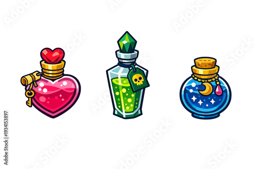 A collection of three colorful fantasy potion bottles featuring a pink heart flask, a green poison bottle with a skull tag, and a blue magical elixir with a crescent moon charm.