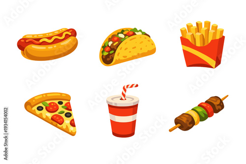 A collection of six colorful fast food icons including a hot dog, taco, french fries, pizza slice, soda cup, and a meat skewer, all presented on a solid black background.