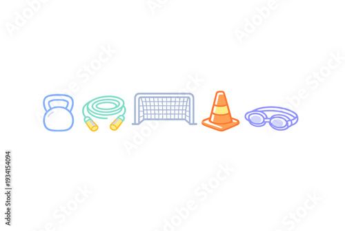 A collection of colorful sports equipment icons including a kettlebell, jump rope, soccer goal, traffic cone, and swimming goggles arranged in a row on a black background.