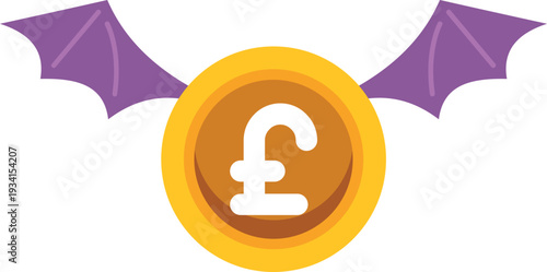 British pound coin flying with bat wings symbolizing money loss and financial crisis