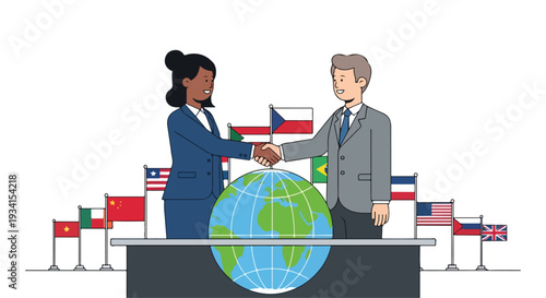 Flat 2D illustration of a diverse businessman and businesswoman shaking hands over a globe with various international flags in the background representing global news and headlines.