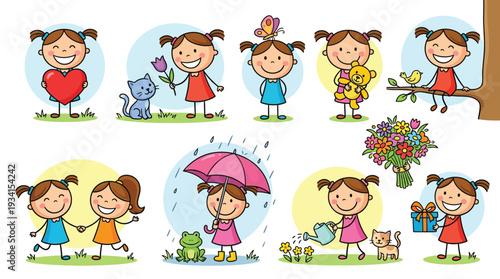 Happy cartoon girls playing and interacting in various fun childhood scenes