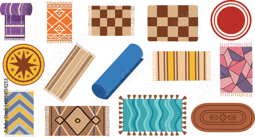 Colorful Rug and Carpet Collection Set with Geometric Striped Round and Rectangular Floor Mats Isolated Flat Interior Decor Vector Illustration