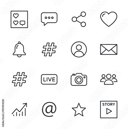 Collection of social media icons including likes, chat, share, heart, bell, and more