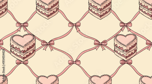 Seamless pattern of pink cakes and hearts on a soft peach background with decorative ribbons and bows