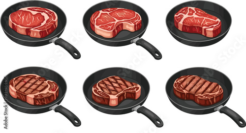 Raw and Grilled Beef Steak Set in Frying Pan with Ribeye T Bone and Grill Marks Isolated Flat Vector Illustration Collection