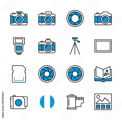 Collection of photography icons including cameras, lenses, tripod, and film