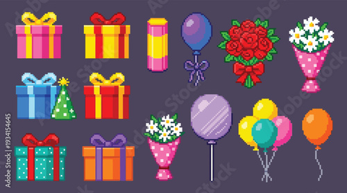 Pixel art gifts balloons and flowers collection for celebration and party designs