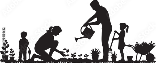 Family gardening with silhouettes of adults and children