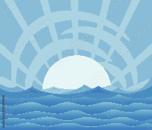 Pixel seascape with sun dawn in the sea.