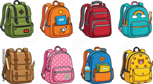 Backpack vector set for school education concept with stationery supplies and colorful student bag illustrations