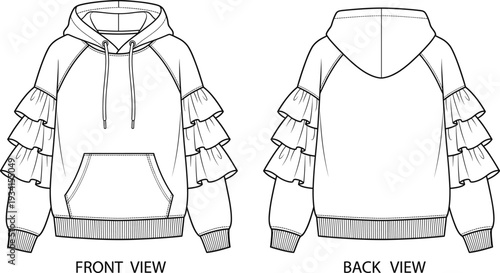Women ruffle sleeve hoodie technical fashion flat sketch vector illustration front and back view template