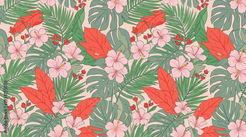 Seamless Tropical Pattern with Pink Hibiscus Green Palm and Red Leaves
