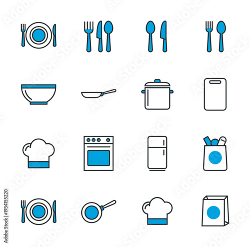 Collection of kitchen and dining icons with blue accents on a white background