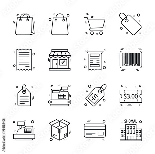 Collection of retail and shopping icons in a clean, modern line art style