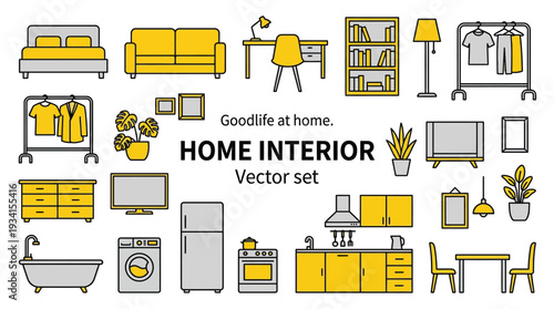 Flat line vector set of modern home interior furniture and household appliances