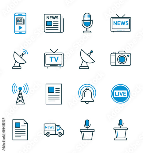 Collection of modern flat icons representing news and media communication channels