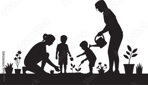 Family planting flowers in garden with woman watering