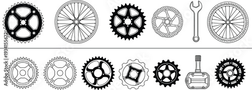Bicycle gears sprockets wheels and tools vector illustration set isolated on white background mechanical cycling parts collection