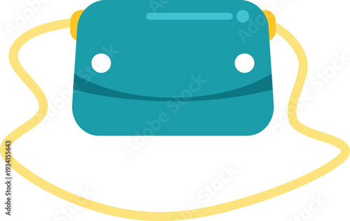 Flat design illustration of a teal handbag with a yellow shoulder strap