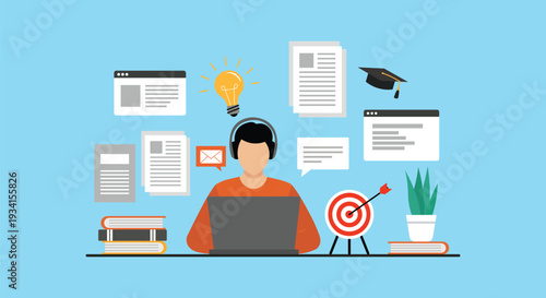 Online Learning and E-Learning Concept – Student Studying with Laptop, Education and Knowledge Vector Illustration
