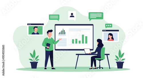 Online Business Meeting and Data Analysis Presentation – Team Collaboration with Analytics Dashboard Vector Illustration