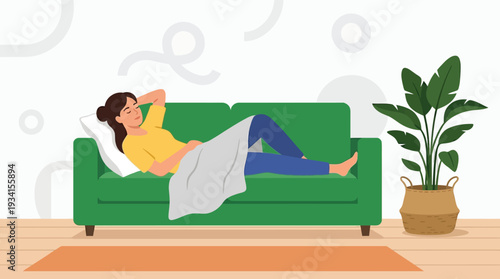 A young woman relaxing sleeping on a green sofa with a cozy blanket in her living room