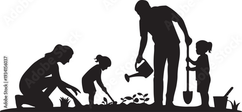 Family planting garden with shovels and watering can