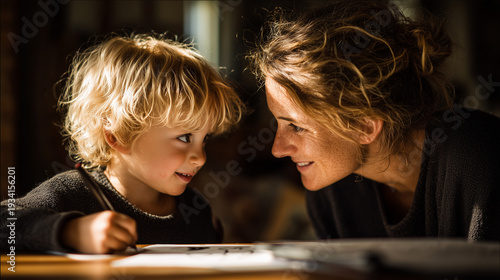 happy little boy drawing and showing artwork to mother at home, beautiful bonding moment between mother and son with warm sunset light, proud child painting with mother in cozy indoor setting